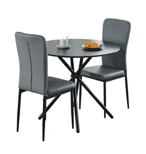 Hallowood Furniture Cullompton Small Black Round Dining Table 90cm with 2 Light Grey Faux Leather Chairs