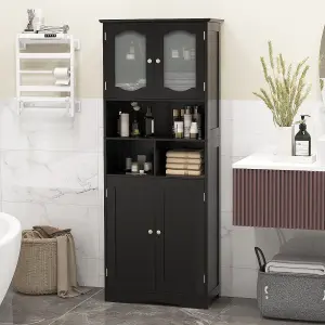 COSTWAY 148cm Tall Bathroom Cabinet Freestanding Storage Cabinet with Tempered Glass Doors