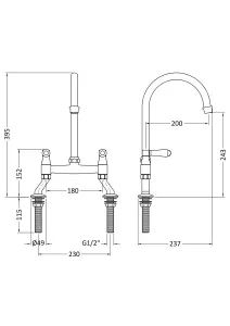 Traditional Bridge Mixer Kitchen Tap with Lever Handles - Brushed Brass