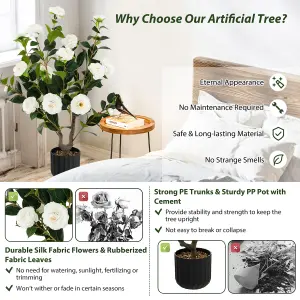 Costway Artificial Camellia Tree Faux Flower Plant Pot Artificial Tree 24 White Flowers