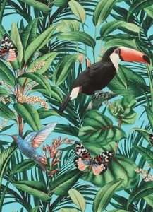 Galerie Amazonia Turquoise Multi-Coloured Tropical Birds Smooth Wallpaper