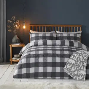 Seersucker Gingham Check Charcoal Brushed Duvet Cover Set