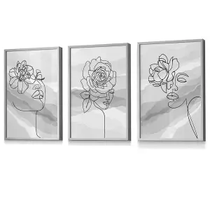 Set of 3 Female Line Art Floral Faces on Grey Wall Art Prints / 30x42cm (A3) / Light Grey Frame