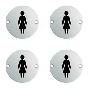 4x Bathroom Door Female Symbol Sign 64mm Fixing Centres 76mm Dia Polished Steel