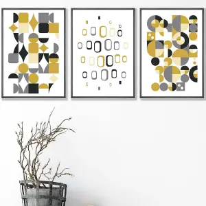 Set of 3 Mid Century Graphical Grey Yellow Art Prints / 42x59cm (A2) / Dark Grey Frame