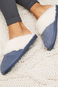 Womens Next Denim Blue Suede Faux Fur Lined Mule Slippers - Denim Blue