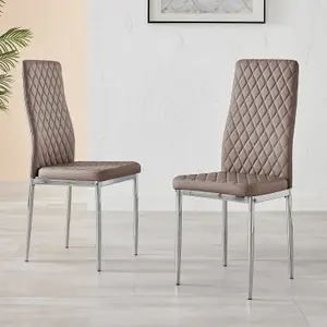 Set of 6 Milan Cappuccino Beige High Back Soft Touch Diamond Pattern Faux Leather Chromed Metal Leg Dining Chairs