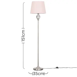 ValueLights Memphis Traditional Style Satin Nickel Barley Twist Floor Lamp with Pink Tapered Light Shade - with LED GLS Bulb