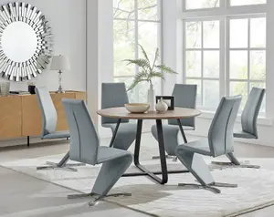 Furniturebox UK Santorini Brown Wood Effect Round Dining Table & 6 Grey Willow Chairs