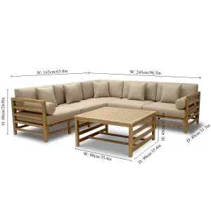 Contemporary Five Seater Garden Sofa & Coffee Table Corner Couch Slatted Wood Outdoor Terrace Patio Lawn Decking Furniture