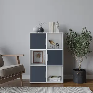 URBNLIVING 91cm Height 6 Cube Bookcase White Wood Grey Door Metal Handle Display Storage Shelf