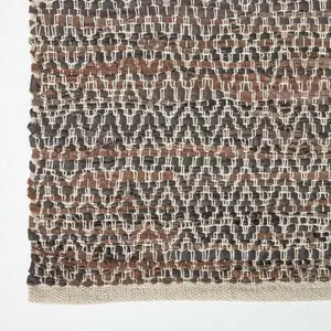 Homescapes Brown Real Leather Handwoven Diamond Pattern Rug, 90 x 150 cm