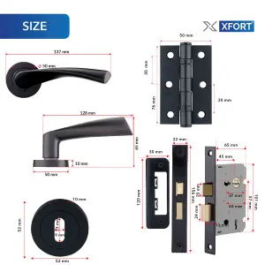 XFORT Matt Black Warped Lever On Rose Lock Pack, Latch Pack Complete Set