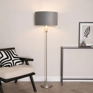 ValueLights Maggie Chrome Candlestick Floor Lamp with Grey Velvet & Chrome Inner Lamp Shade and LED Bulb