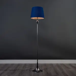 ValueLights Faulkner Modern Polished Chrome Spindle Design Floor Lamp with Navy Blue Shade