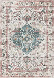 Beige Abstract Bordered Rug For Bedroom, & Living Room, 7mm Thick Stain-Resistant Traditional Rug - 160cm X 230cm