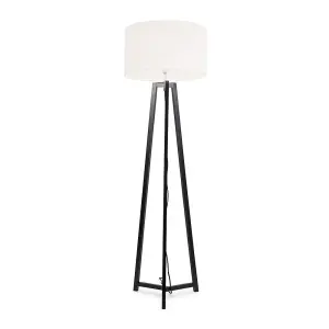 ValueLights Lottie Black Wood Tripod Floor Lamp with Cream Boucle Drum Shade - LED Bulb Included