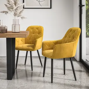 Aria Dining Table And Chairs -  Black Table Top w Black Legs + Anika Velvet Dining Chair Set Of 6 (Mustard)