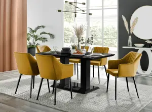 Imperia Black High Gloss 6 Seater Dining Table with Structural 2 Plinth Column Legs 6 Mustard Velvet Black Leg Calla Chairs