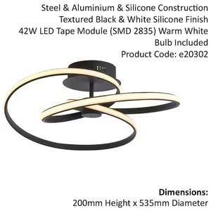 Semi Flush Ceiling Light Fitting - Textured Black & White Diffuser - LED Tape