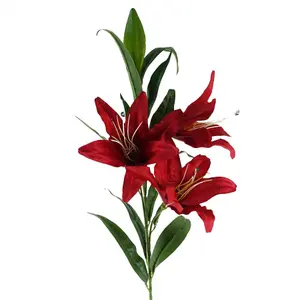 Artificial 100cm Large Red Lily Stem - 3 Flowers