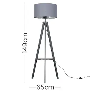 ValueLights Morrigan Grey Wood Tripod Design Floor Lamp with Storage Shelf & Grey/Chrome Drum Shade with LED Bulb