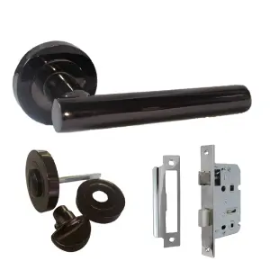 Door Handles T Bar Straight Lever on Rose Thumb turn & Lock - Black Nickel