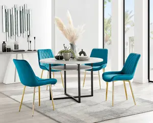 Adley Grey Concrete Effect And Black Round Dining Table with Storage Shelf and 4 Blue Velvet Gold Leg Pesaro Dining Chairs