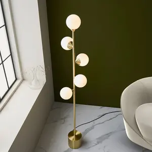 Luminosa Grosseto Multi Arm Floor Lamp Satin Brass Plate, Gloss White Glass