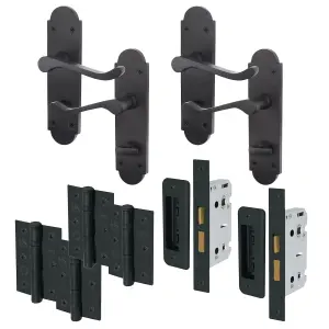 AFIT Matt Black Bathroom Door Handle Set - Victorian Scroll Shaped - 2 Pairs of Internal Door Handles, Hinges 76mm & Locks 64mm