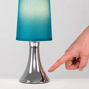 ValueLights Pair of Brushed Chrome Touch Dimmer Bedside Table Lamps with Blue Cylinder Light Shades