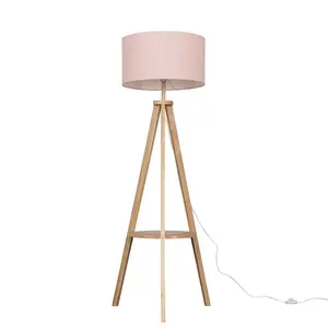 Ismay 149 cm Morrigan Wood Tripod Floor Lamp with Shelf & XL Reni Shade Light Brown / Pink / No