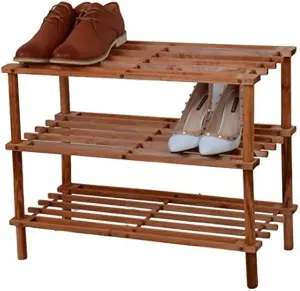 New Wooden Shoe Rack Footwear Storage Organiser Unit Shelf Tier Slated New Walnut Effect, 3 Tier