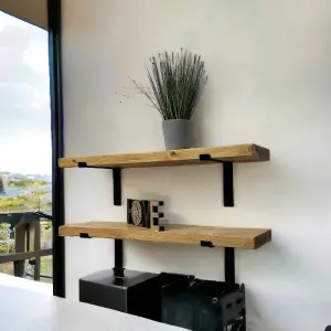 2 Floating Shelves Rustic Handmade Wall Shelving with Brackets for Kitchen Deco (Rustic Pine, 120cm (1.2m)