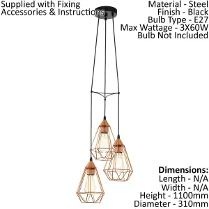 Hanging Ceiling Pendant Light Copper Wire Cage 3x E27 Geometric Multi Lamp