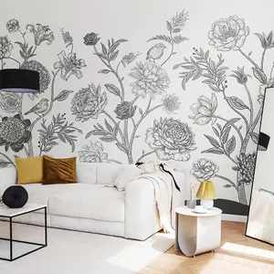 Origin Murals Jacobean Rose Trail - Black and White Matt Smooth Paste the Wall Mural 300cm wide x 240cm high