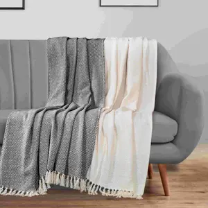 EHC PAIR Pack Chevron Cotton Throws for Sofa, Chair Blanket 127 x 152cm  ( Pack of 2 ) - Ivory / Black