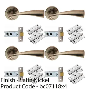 4 PACK - Door Handle & Latch Pack Set- Satin Nickel Curved Flaired Screwless Round Rose Kit