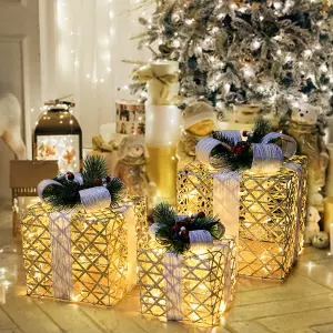 Set of 3 Rattan Weaving LED Light Up Christmas Gift Box Glitter Party Xmas Tree Decor Parcel Presents Set with Bow