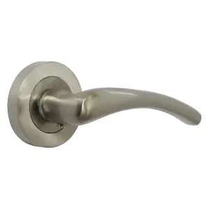 Zena Door Handle Lock Key Set Modern Design Satin Nickel Lever on Rose Internal Escutcheon