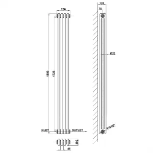 Vertical Anthracite Triple Column Radiator (H) 1800mm x (W) 200mm, 3426 BTU.