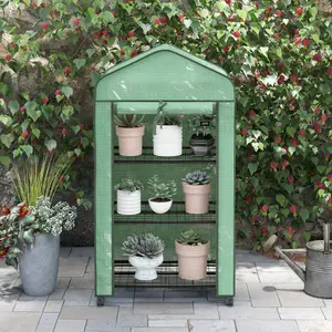 Outsunny Portable Mini Greenhouse with Roll-up Door and Wheels, Green