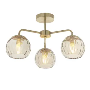 Luminosa Dimple Multi Arm Glass Semi Flush Ceiling Light Satin Brass Plate, Champagne Lustre Glass