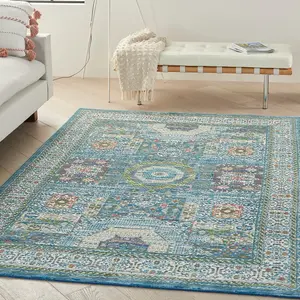 Ivory Light Blue Luxurious Traditional Persian Easy to Clean Bordered Floral Dining Room Bedroom And Living Rug-122cm X 183cm