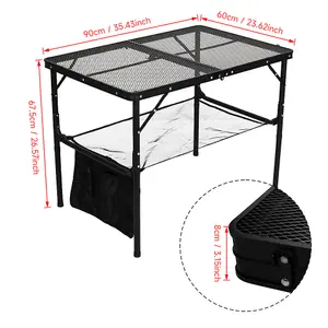 Black Aluminum Alloy Adjustable  Outdoor Folding Camping Table with Mesh Top and Storage Layer 90 cm (W)