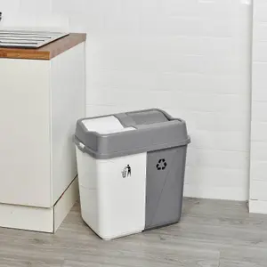 URBNLIVING 60L Duo Kitchen Bin Waste Garbage Can 2 Compartments With Bas Connectors (White/Grey)