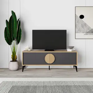 Decortie Gora Modern TV Unit Oak, Silky Grey Black 140(W)cm with 2 Door Flap Stay Storage TV Cabinet