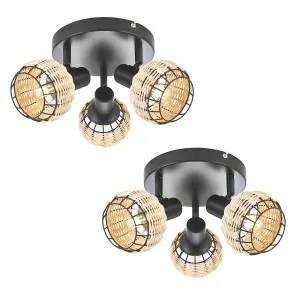 First Choice Lighting Set of 2 Goa Black and Natural Rattan 3 Light Ceiling Spotlight Plates