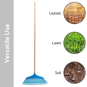 Garden Leaf Rake - 25 Tine Plastic Head & 115 cm Wooden Handle, 39 cm Wide - Lightweight & Durable for Quick Lawn Cleaning