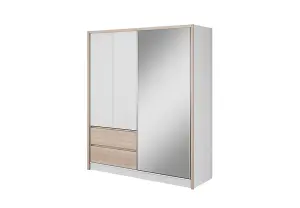 Sara Mirrored Wardrobe 180cm with Drawers in White and Oak Sonoma